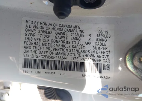 2019 Honda Civic Sport z USA, uszkodzony, nr VIN 2HGFC2F85KH573244